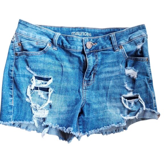 Maurices Womens Distressed Denim Shorts Size 10 Blue Frayed Hem Casual 99% Cotto - Picture 1 of 7